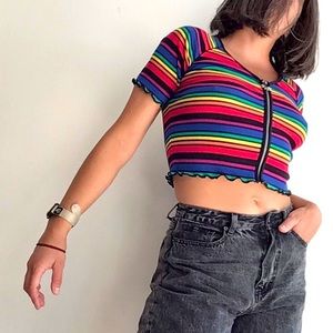 90s Rainbow Zip-Up Crop-top Tee Rainbow